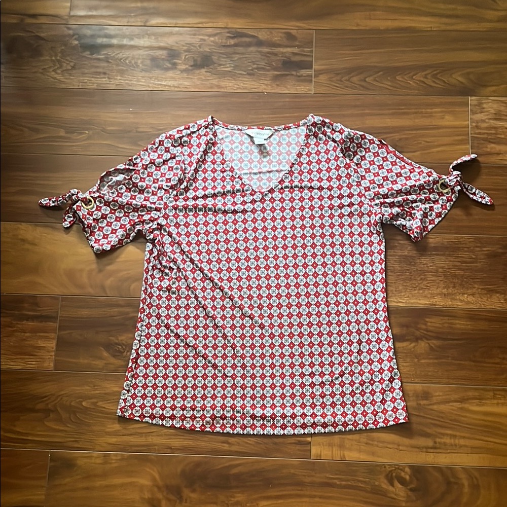 Liz Claiborne Red & White Patterned Blouse with Tie Sleeves Size S - Picture 2 of 8